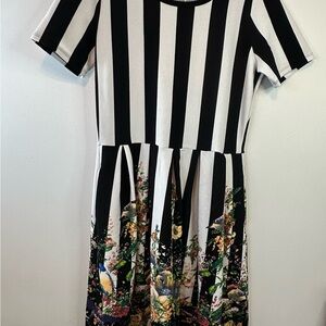 Black and White Stripe A-Line Dress Short Cuffed Sleeves for Casual Occasions